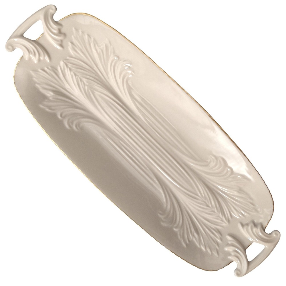Lenox Celery/Relish Tray Hand Decorated 24K Gold Trim White Oval‎ Dish w/Handles